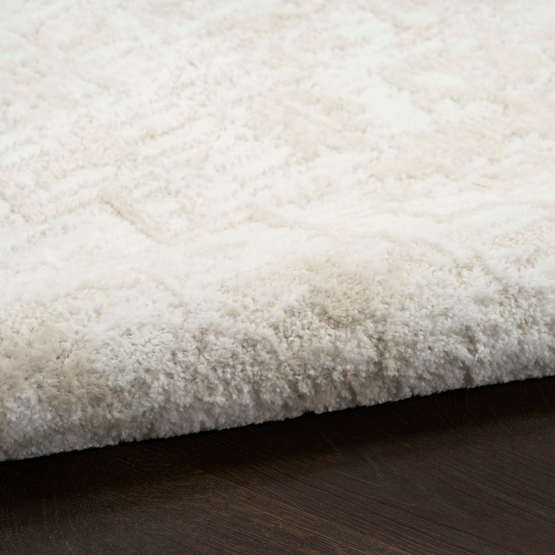 Cream-white shag rug with thick plush pile on dark wood floor, rectangular area rug.
