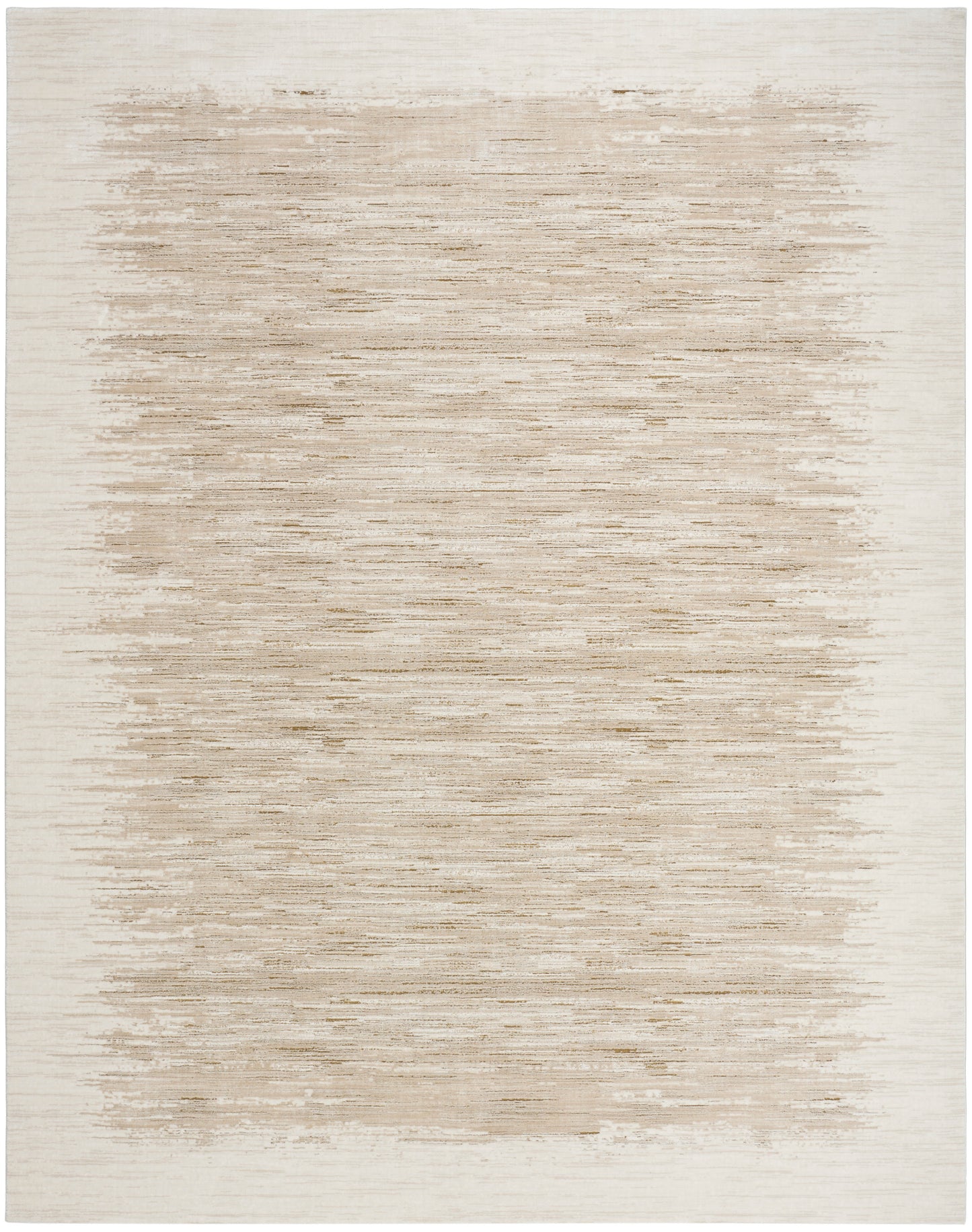 Neutral cream and beige area rug with a tan brushed central rectangle and muted horizontal texture.