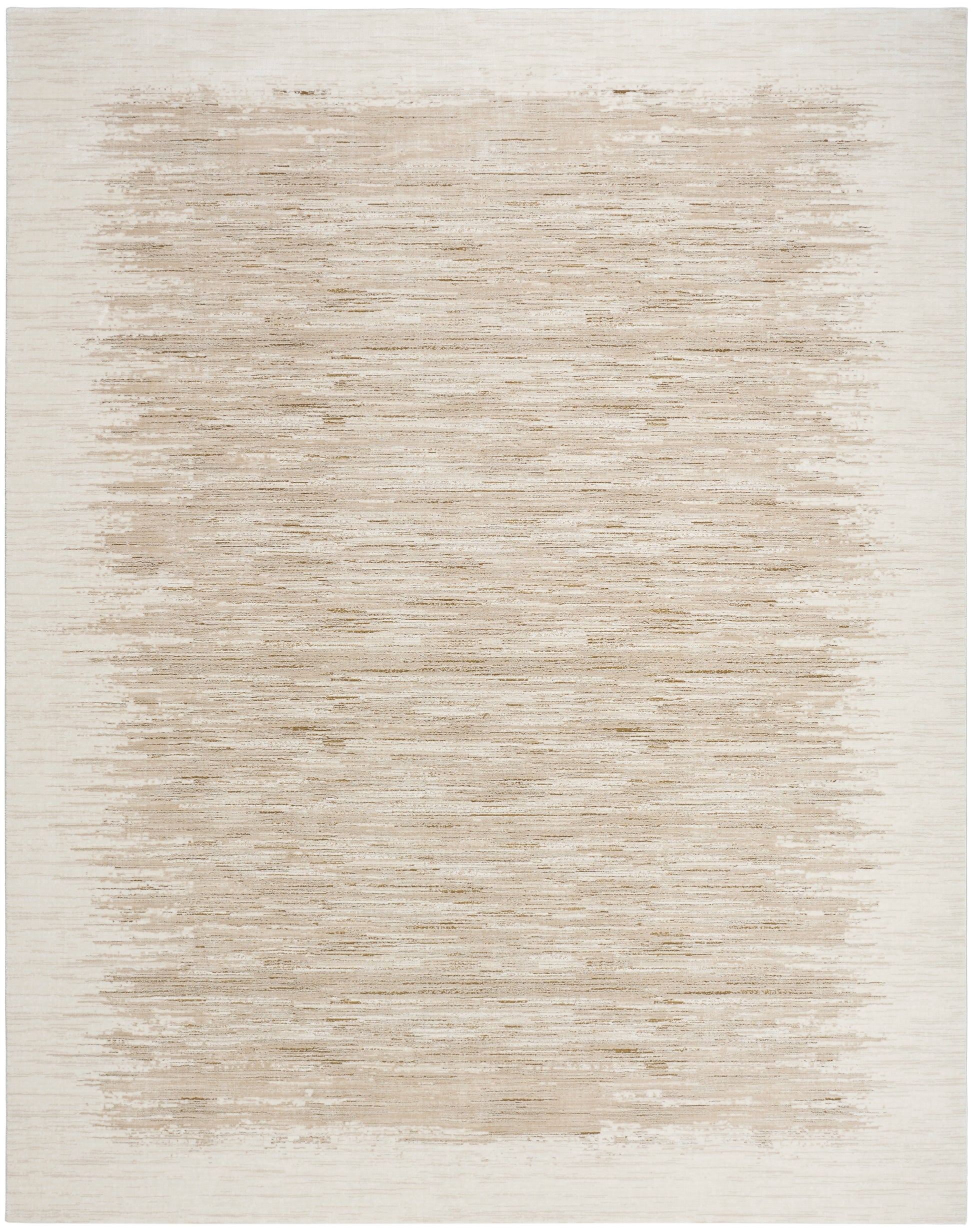 Neutral cream and beige area rug with a tan brushed central rectangle and muted horizontal texture.