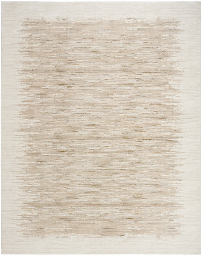 Neutral cream and beige area rug with a tan brushed central rectangle and muted horizontal texture.