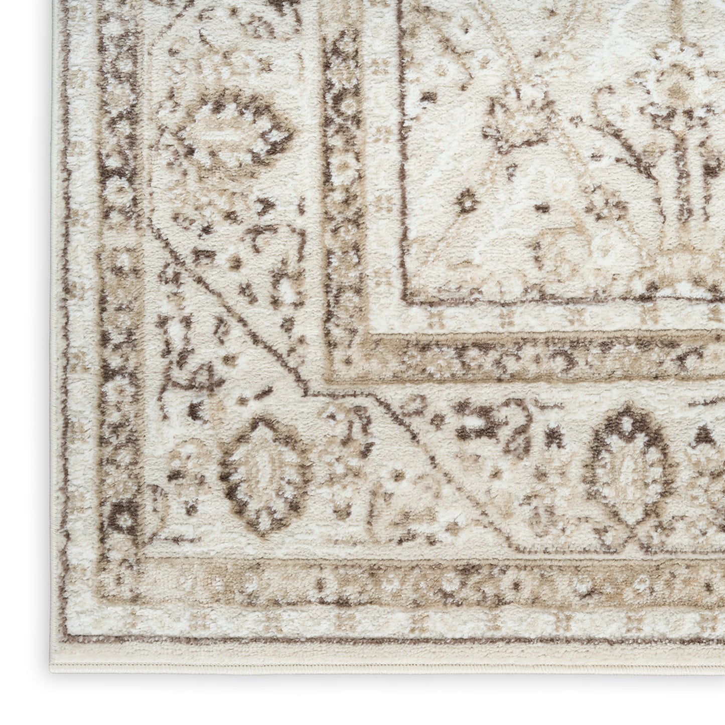 Beige oriental rug corner with cream and brown floral border and soft plush pile.
