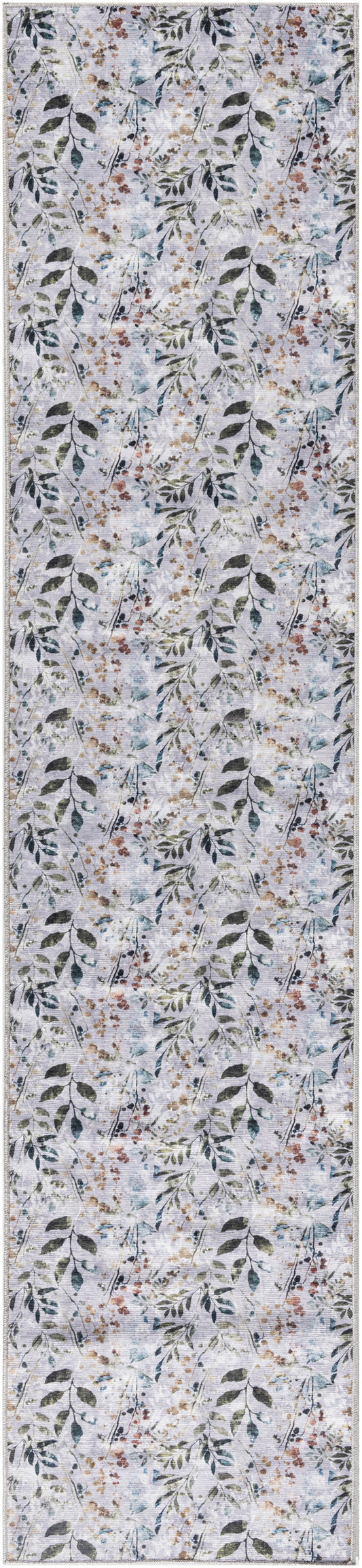 Long runner rug with gray background, repeating botanical vines of green leaves and small brown, beige, blue flowers.
