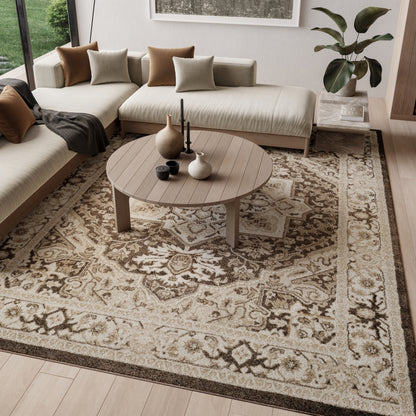 Round wooden coffee table with vases & candles in a beige sectional living room with an ornate beige rug.
