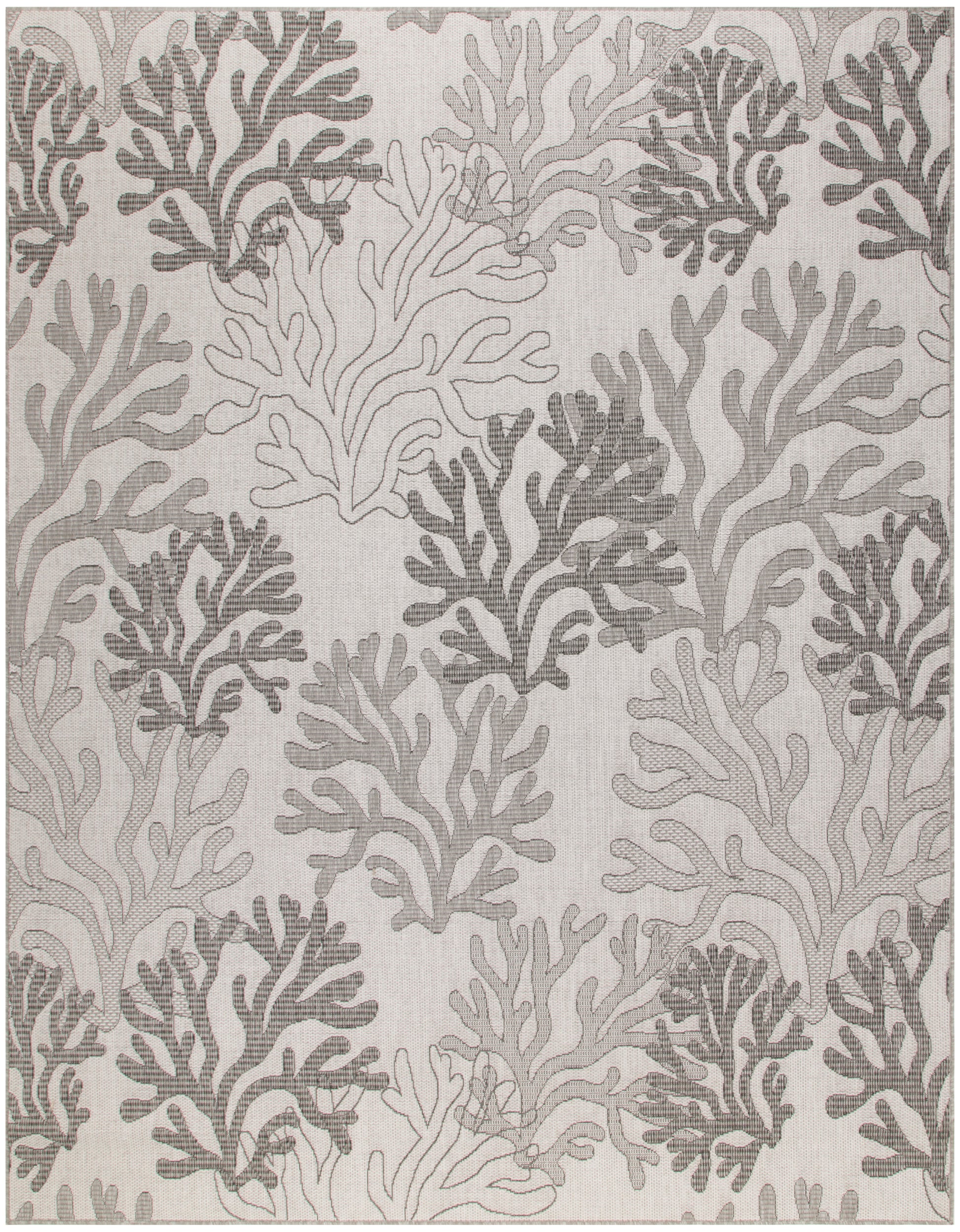 Beige woven rug with a light and dark gray coral pattern.