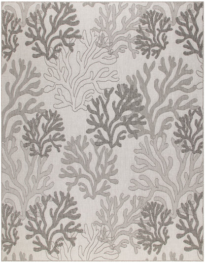 Beige woven rug with a light and dark gray coral pattern.