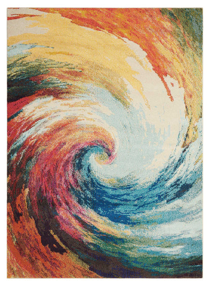 Rectangular rug with a vibrant rainbow spiral swirl in red, orange, yellow, green & blue; bold modern abstract decor.