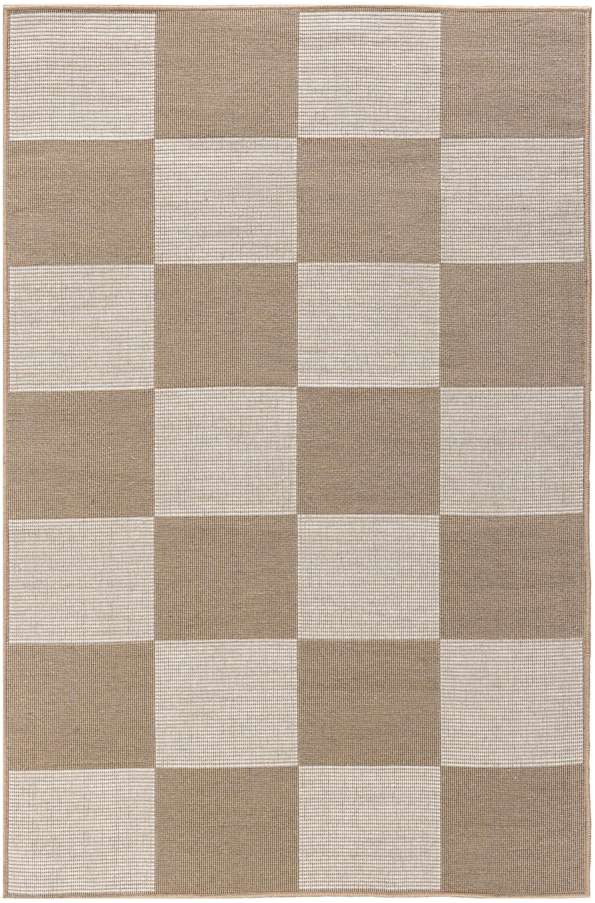 Neutral beige and taupe checkerboard woven rug with alternating square blocks and subtle border.