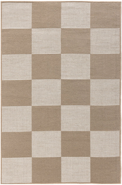Neutral beige and taupe checkerboard woven rug with alternating square blocks and subtle border.