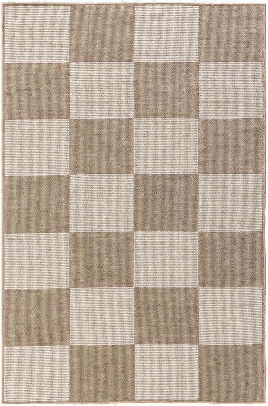 Neutral beige and taupe checkerboard woven rug with alternating square blocks and subtle border.