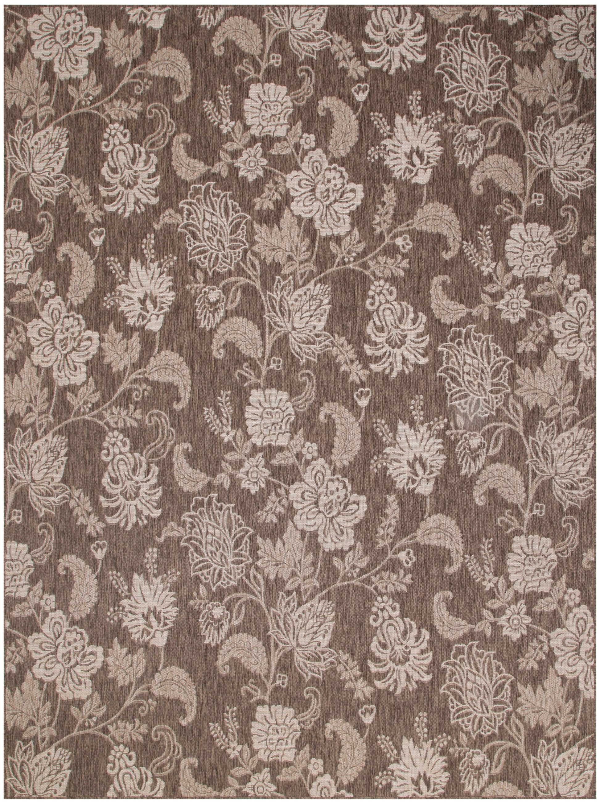 Brown damask floral rug with beige blossoms and vines on a textured background; elegant decorative floor covering.