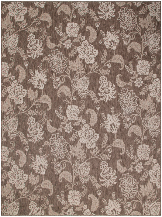 Brown damask floral rug with beige blossoms and vines on a textured background; elegant decorative floor covering.