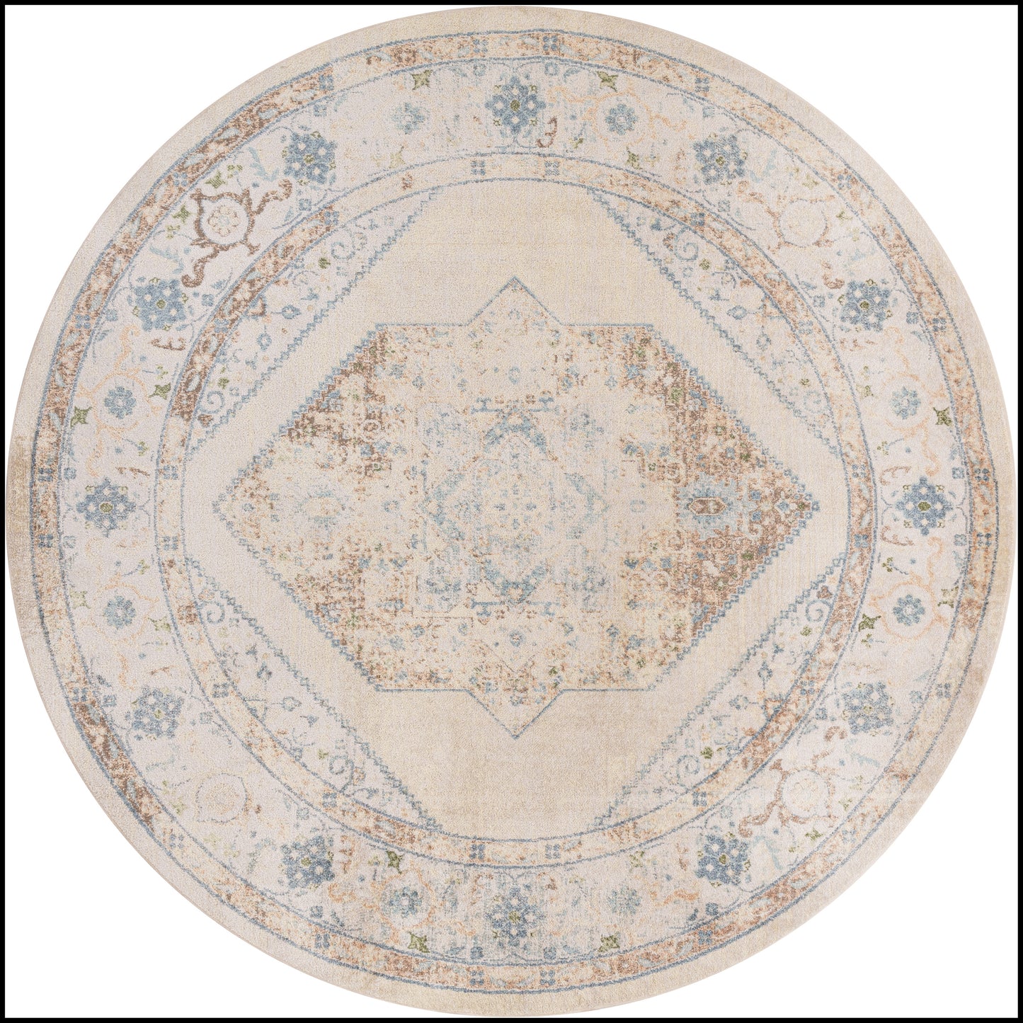 Round beige rug with distressed blue floral border and central geometric medallion in vintage oriental style.