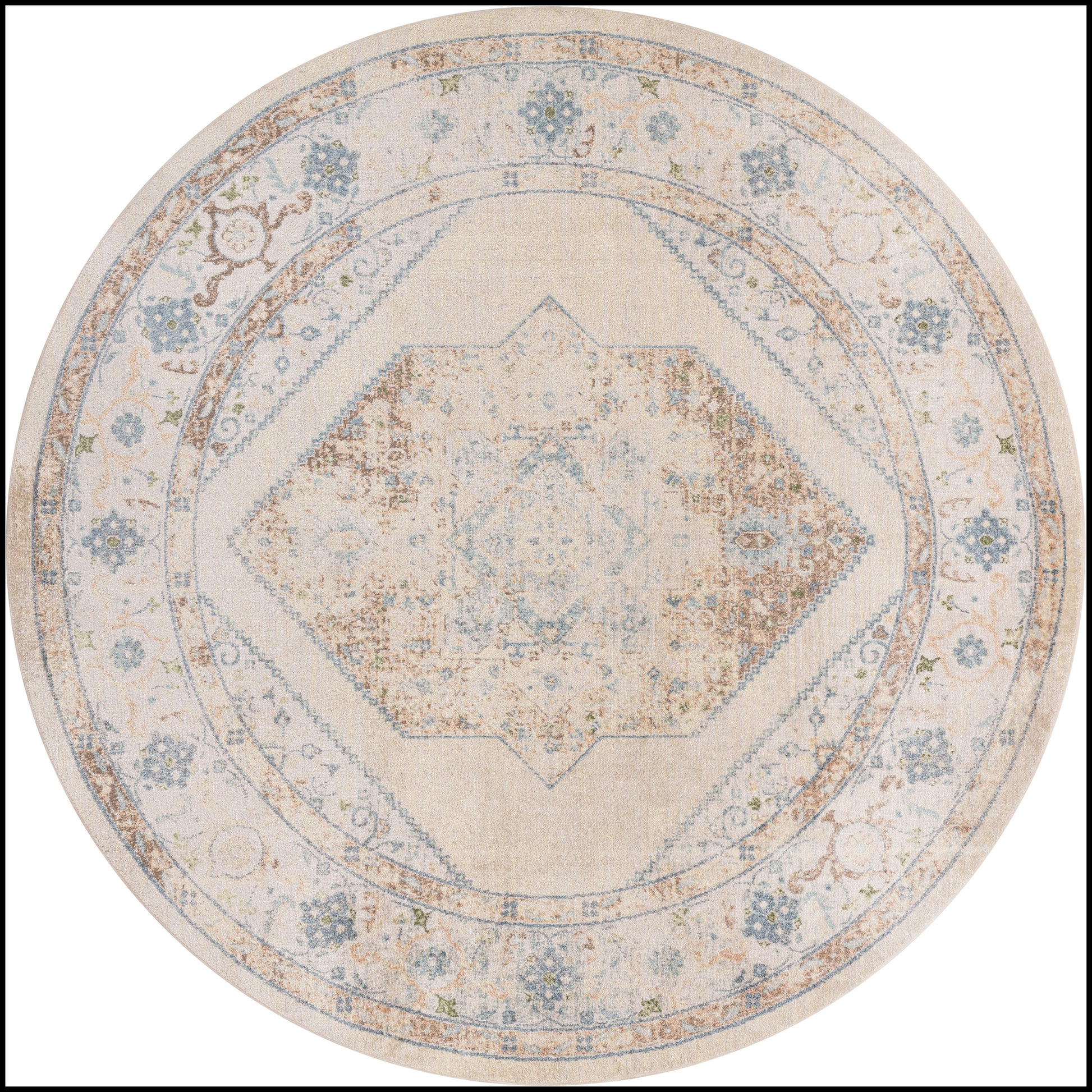 Round beige rug with distressed blue floral border and central geometric medallion in vintage oriental style.