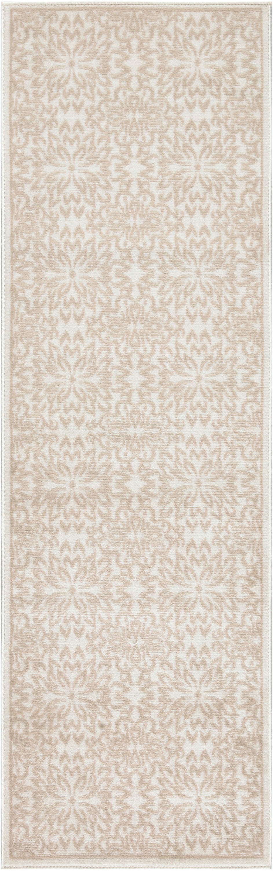 Beige & ivory patterned runner rug with repeating floral motifs, long narrow shape, woven texture.