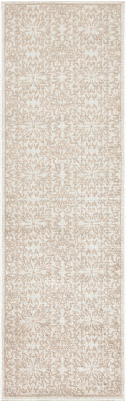 Beige & ivory patterned runner rug with repeating floral motifs, long narrow shape, woven texture.