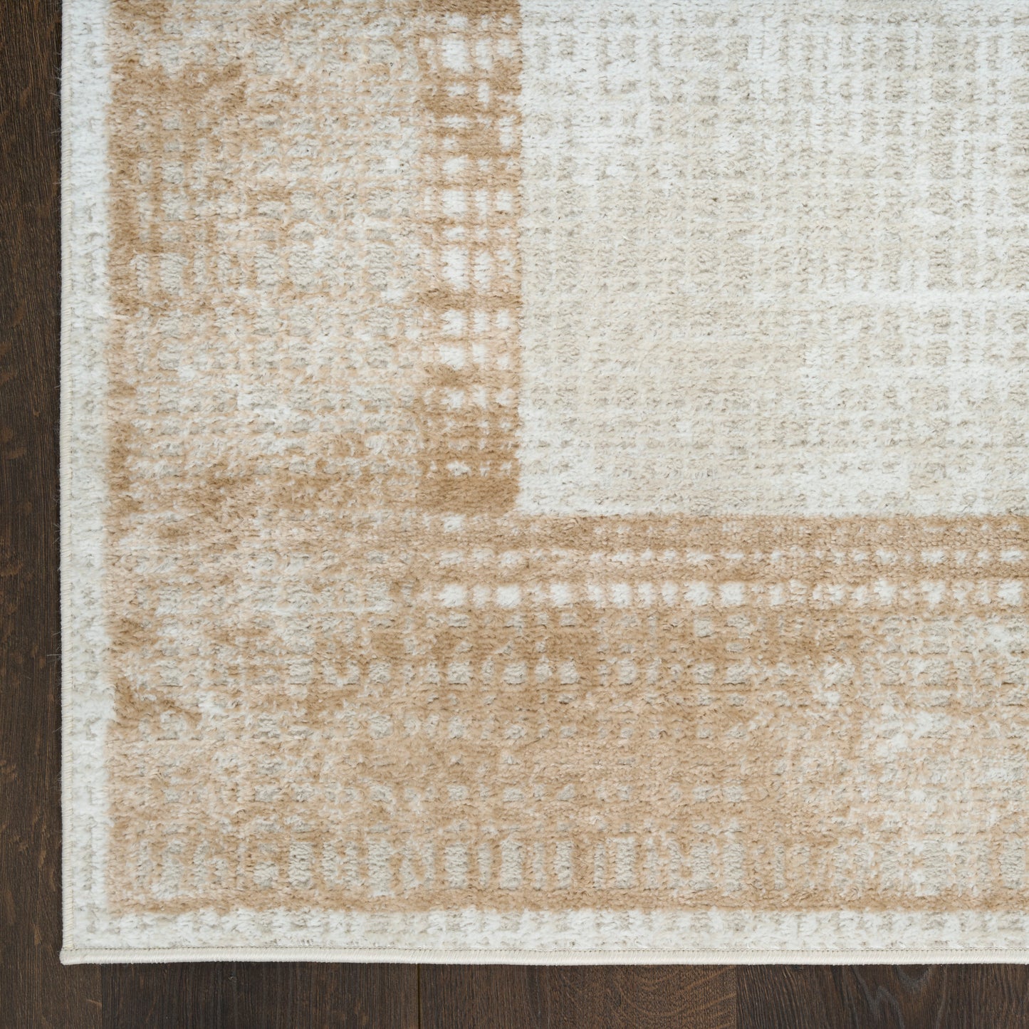 Beige and tan geometric area rug with cream border and soft plush pile on dark wood floor.