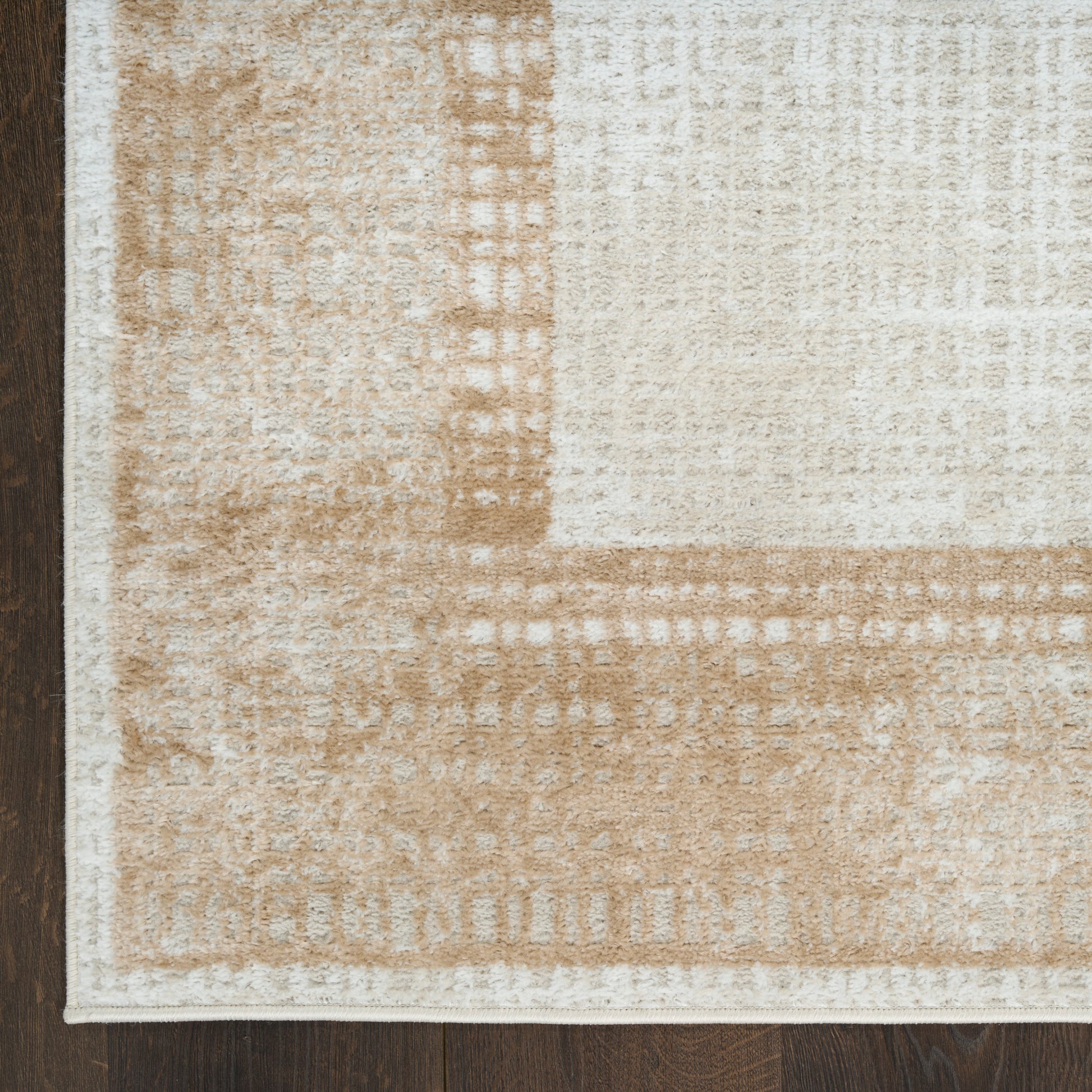 Beige and tan geometric area rug with cream border and soft plush pile on dark wood floor.