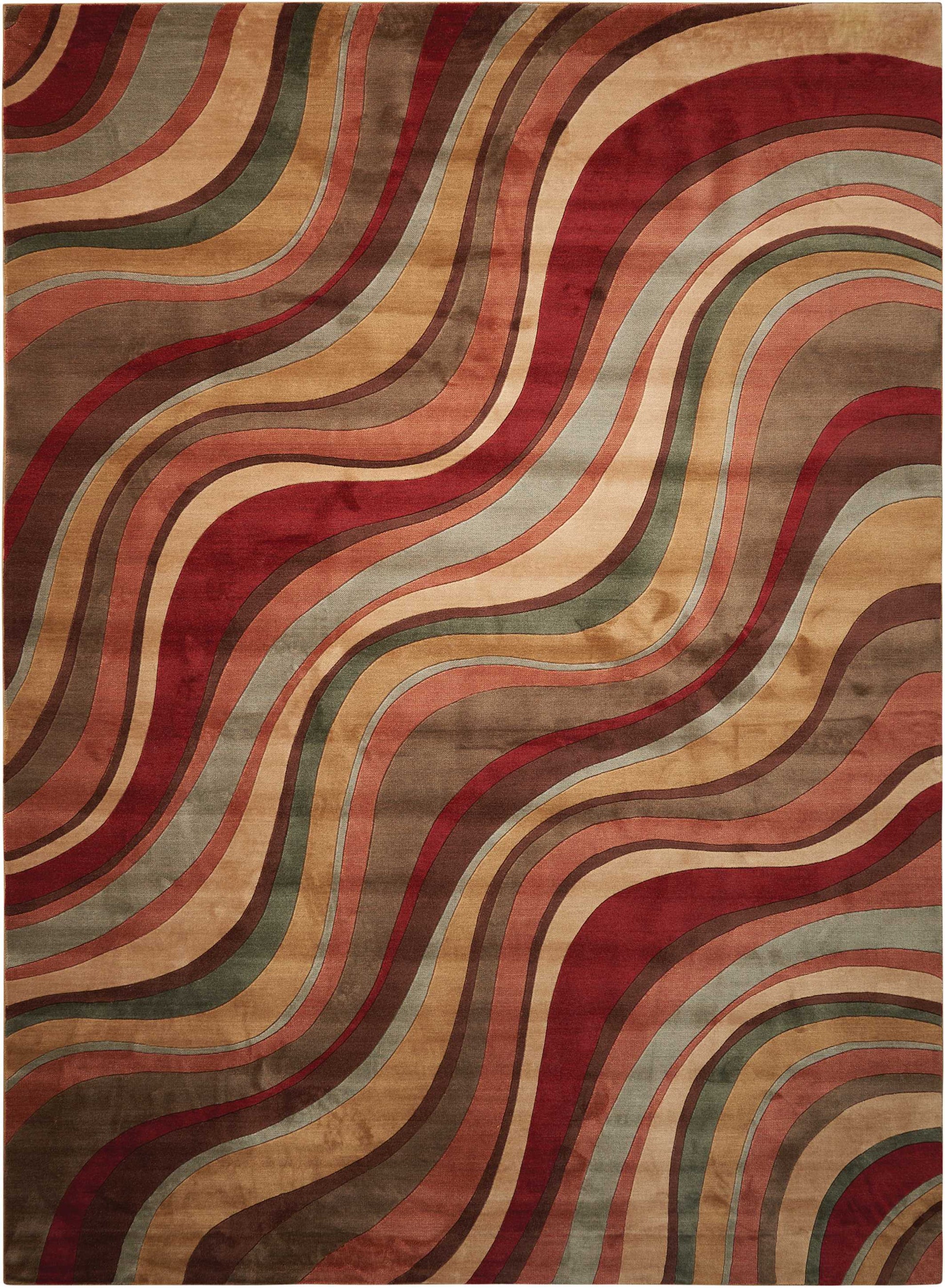 Abstract retro rug with sinuous burgundy, tan, olive, cream and brown bands.