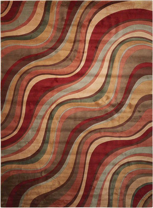 Abstract retro rug with sinuous burgundy, tan, olive, cream and brown bands.