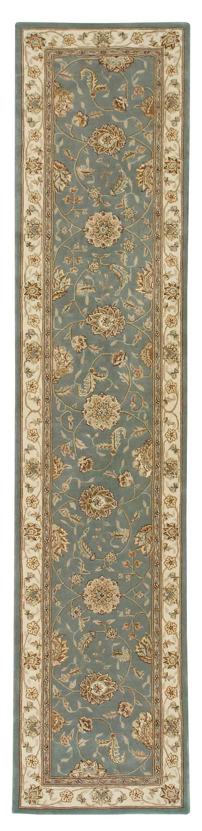 Blue-gray Persian-style rug runner with cream-gold floral motifs and ornate beige border.
