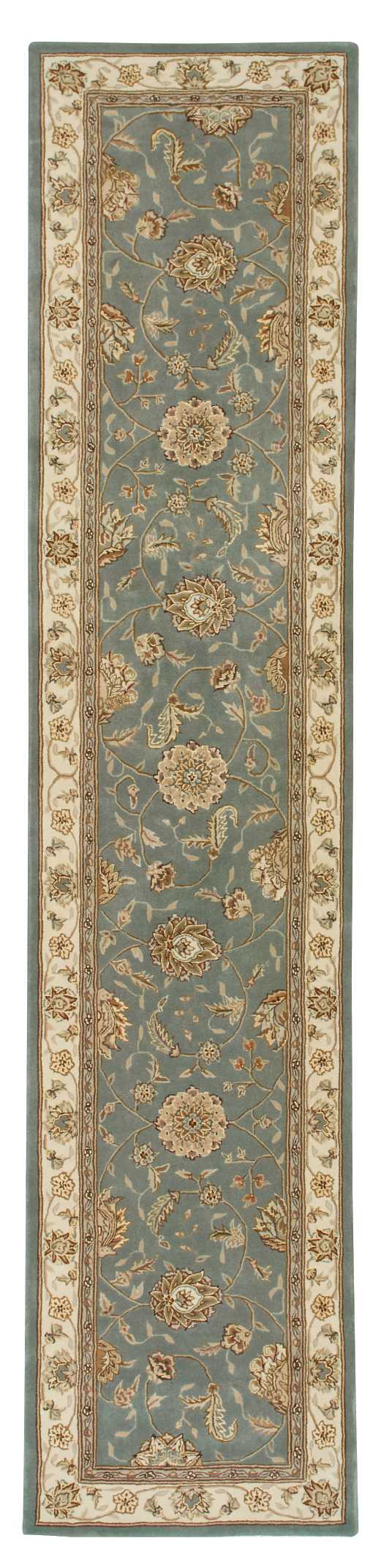 Blue-gray Persian-style rug runner with cream-gold floral motifs and ornate beige border.