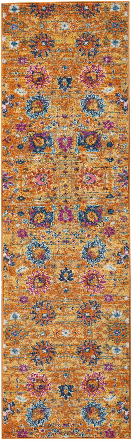 Bright orange oriental-style runner rug with blue, pink and teal floral medallions; tufted, long floor runner.