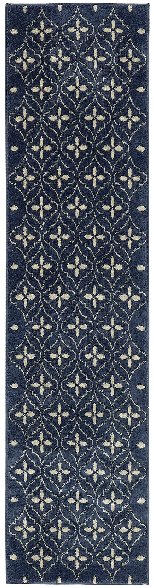 Navy blue runner rug with cream quatrefoil lattice pattern; long narrow rug for hallway or entryway.