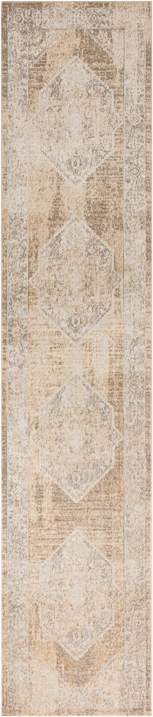 Neutral beige distressed runner rug with pale cream geometric diamonds and bordered edges; vintage style.
