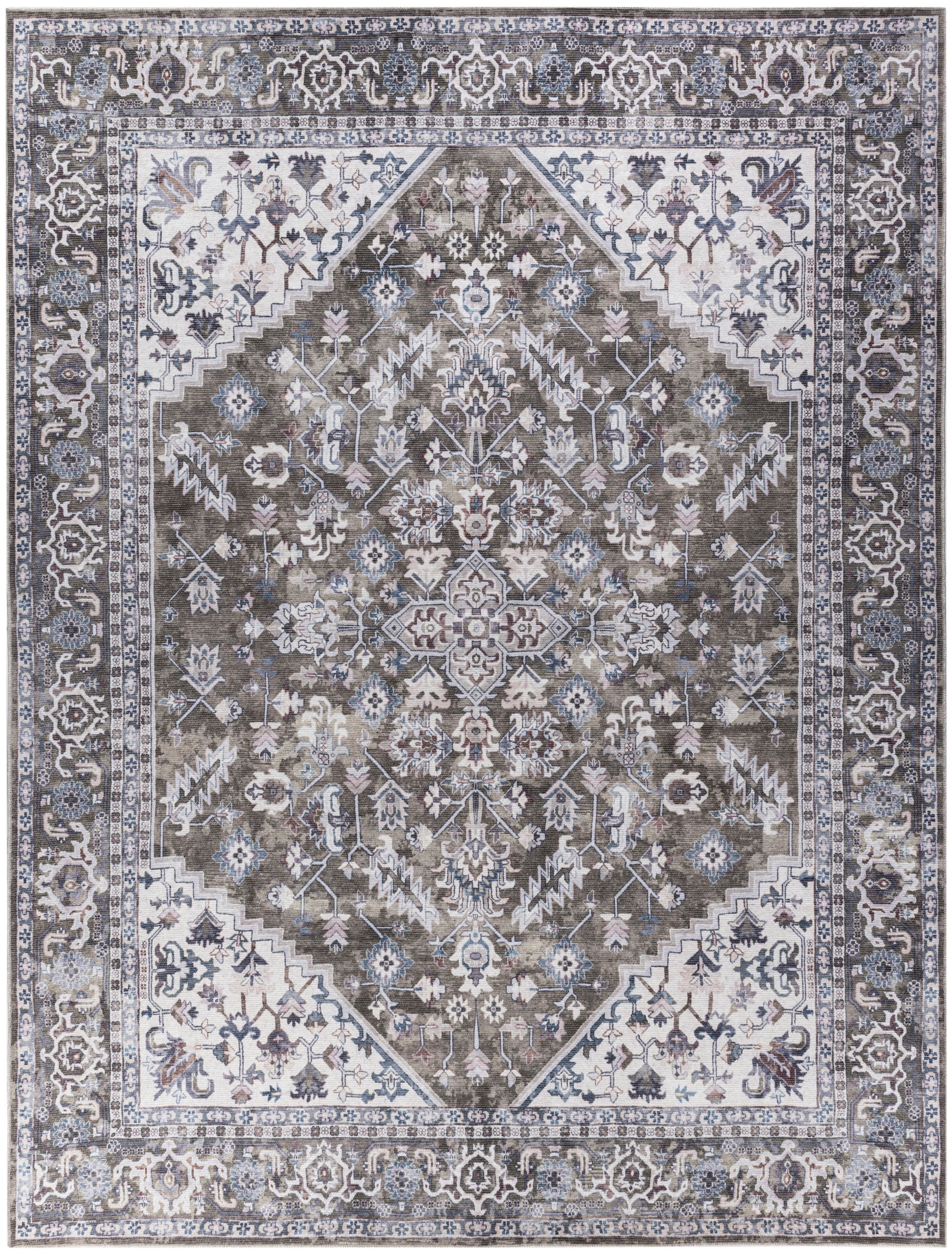 Rectangular Persian-inspired rug with central medallion, distressed taupe, ivory and blue tones, ornate floral border.