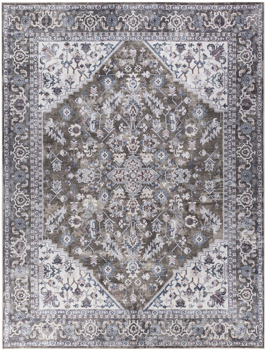 Rectangular Persian-inspired rug with central medallion, distressed taupe, ivory and blue tones, ornate floral border.