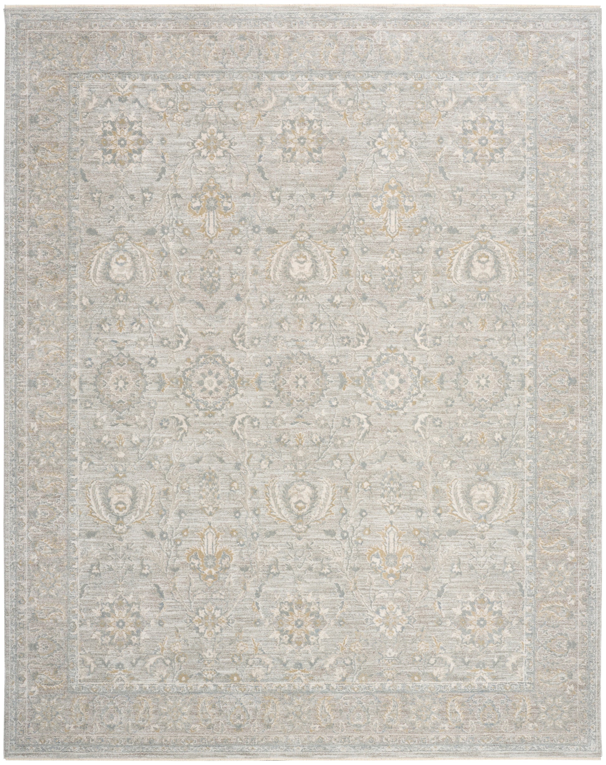 Muted beige-gray oriental area rug with subtle floral medallion pattern and decorative border.