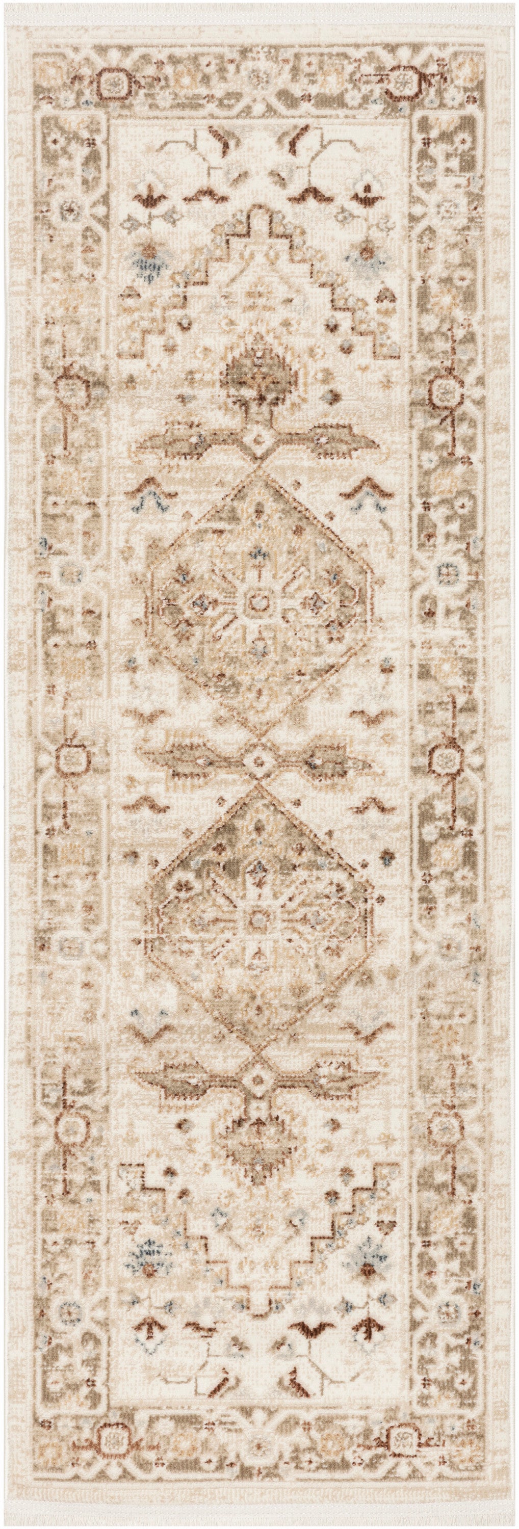 Cream-toned oriental runner rug with three faded diamond medallions, intricate border and subtle blue floral accents.