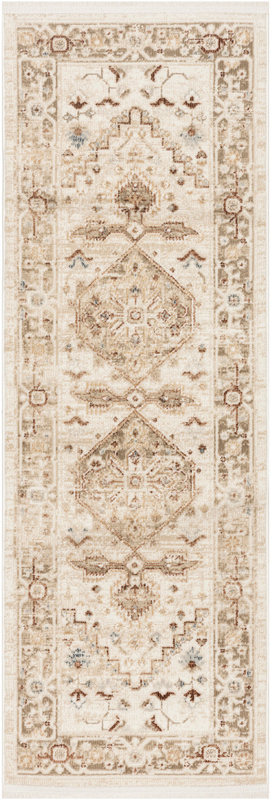 Cream-toned oriental runner rug with three faded diamond medallions, intricate border and subtle blue floral accents.