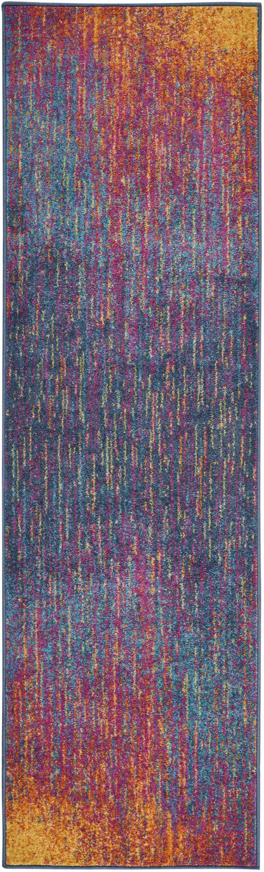 Long abstract multicolor rug runner with orange, pink, purple, teal vertical streaks and dark blue border.
