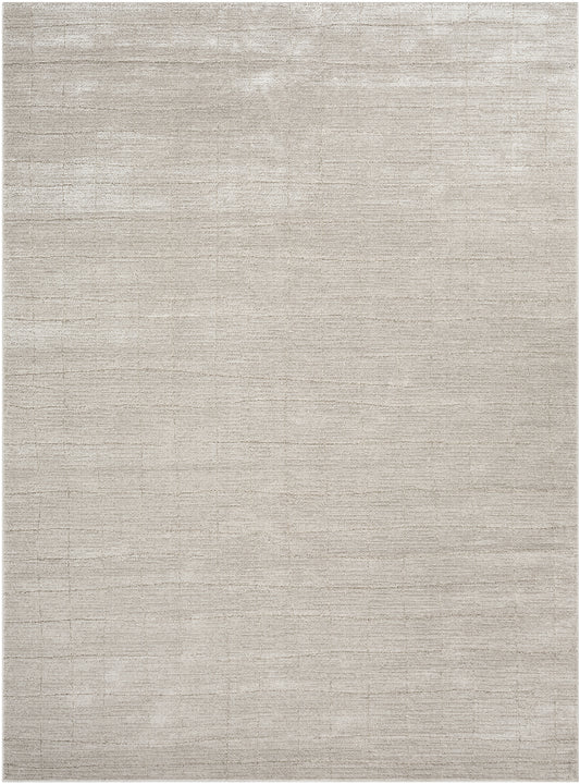 Beige flat-weave rug with subtle linen-like texture, rectangular and neutral.