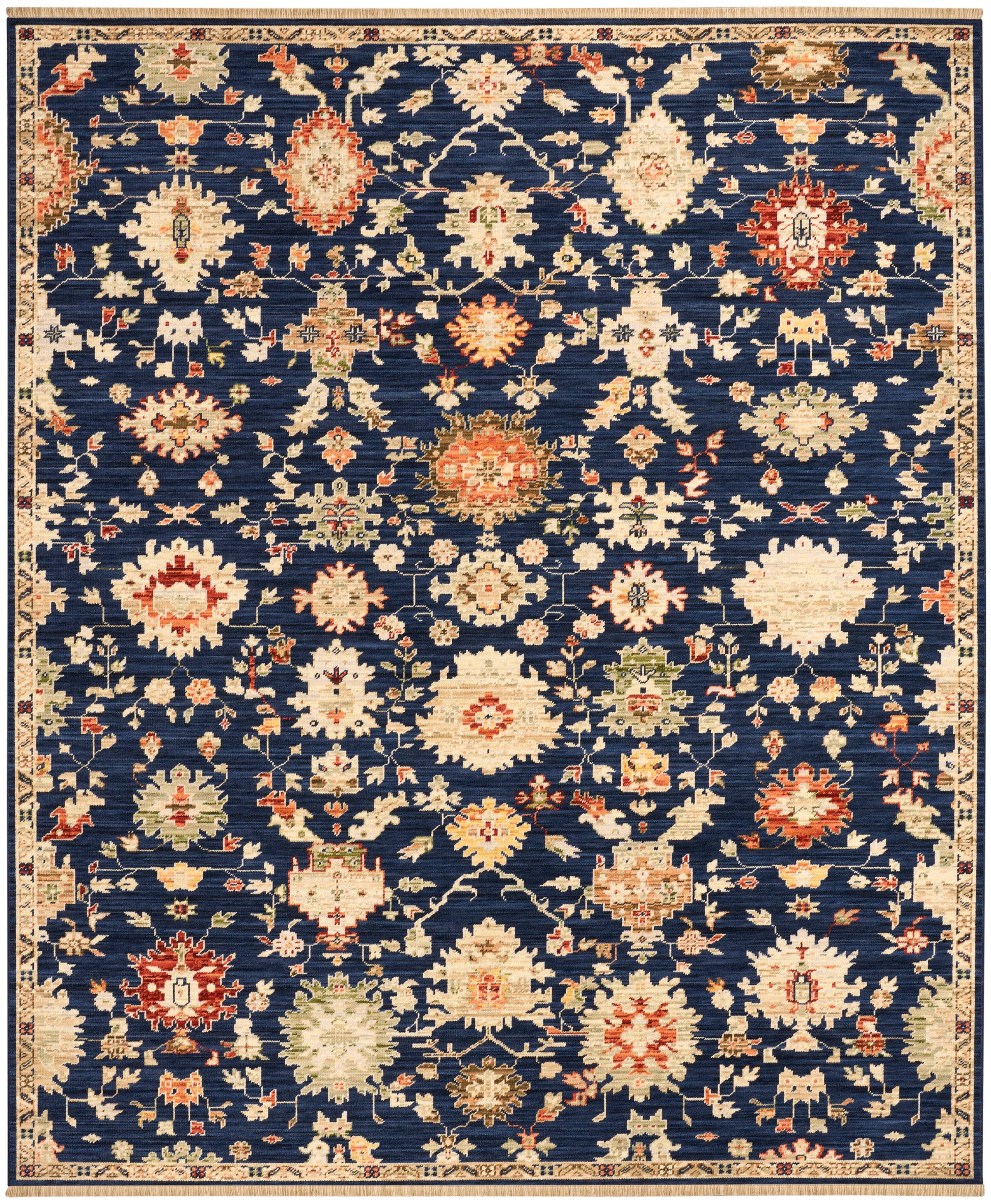 Dark navy oriental area rug with cream & ivory floral motifs, red accents & gold vines; Persian-style border.