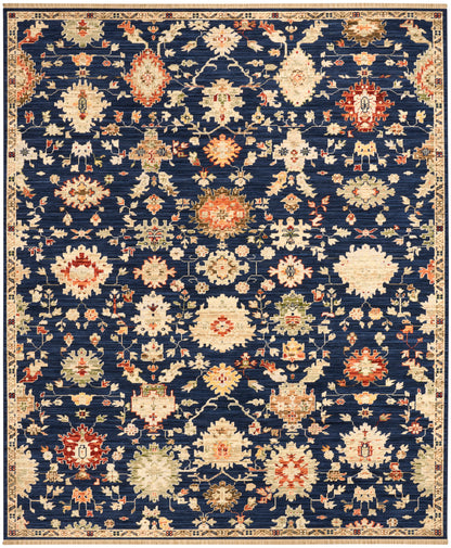 Dark navy oriental area rug with cream & ivory floral motifs, red accents & gold vines; Persian-style border.