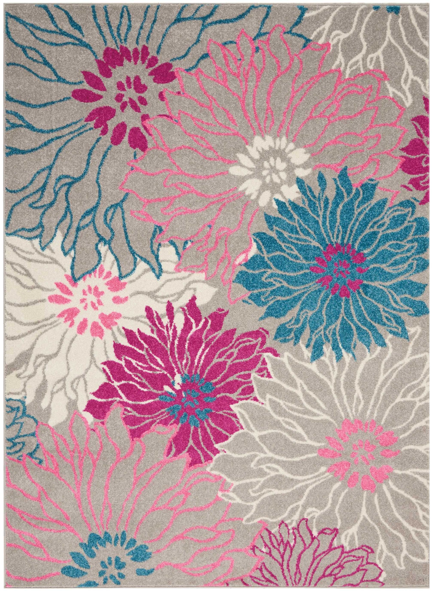Modern floral area rug with oversized pink, magenta, teal blooms on gray backdrop; soft looped pile.