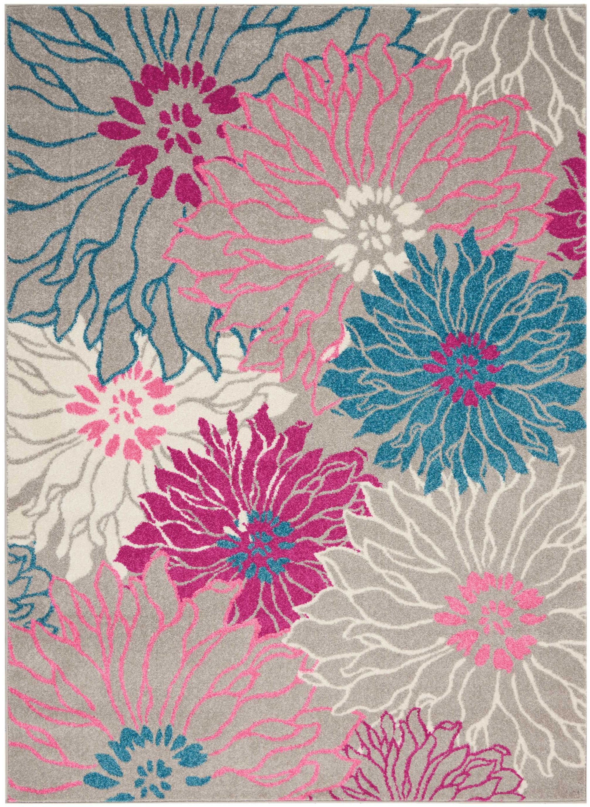 Modern floral area rug with oversized pink, magenta, teal blooms on gray backdrop; soft looped pile.
