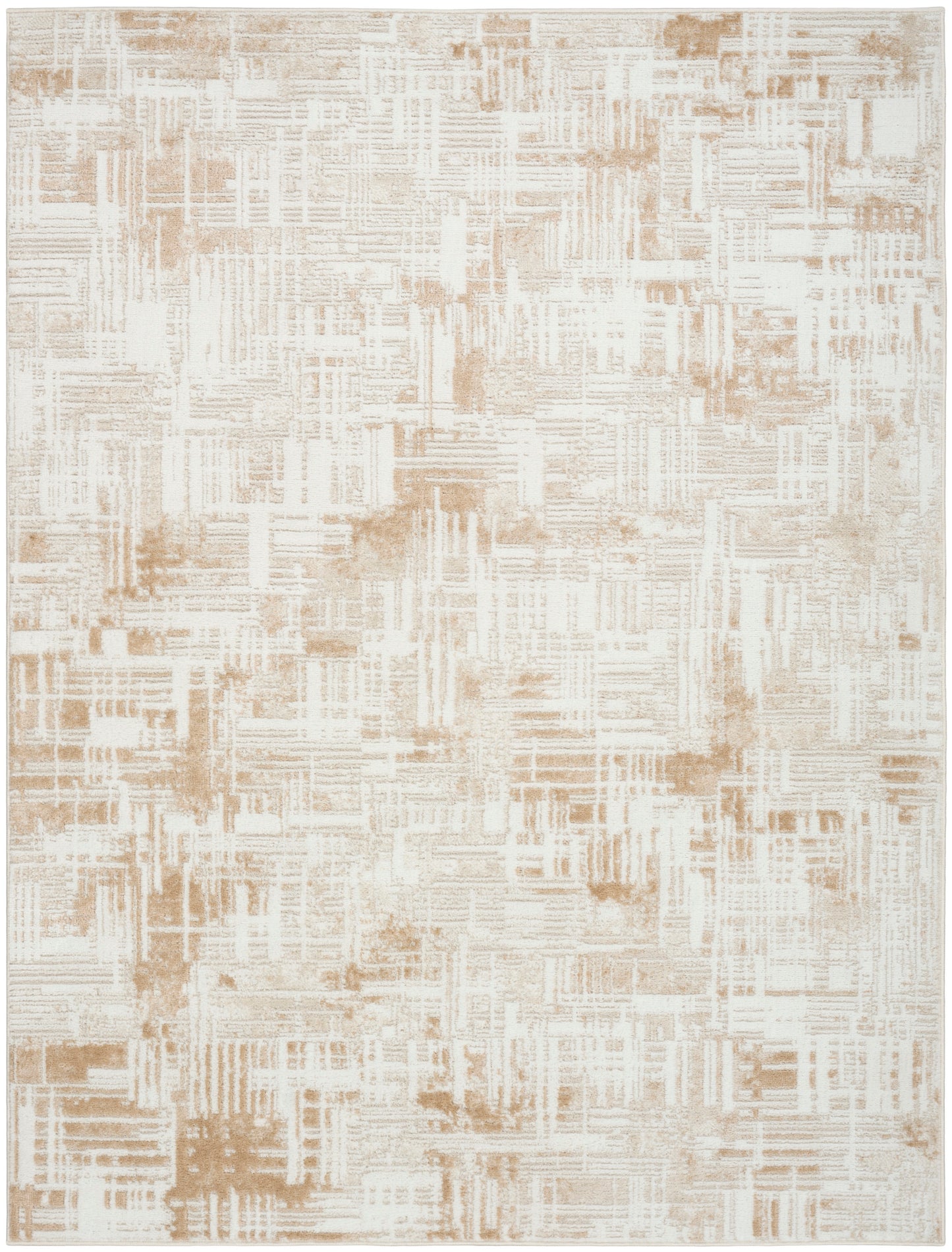 Neutral beige area rug with abstract tan brushstroke pattern; softly textured, modern contemporary style.