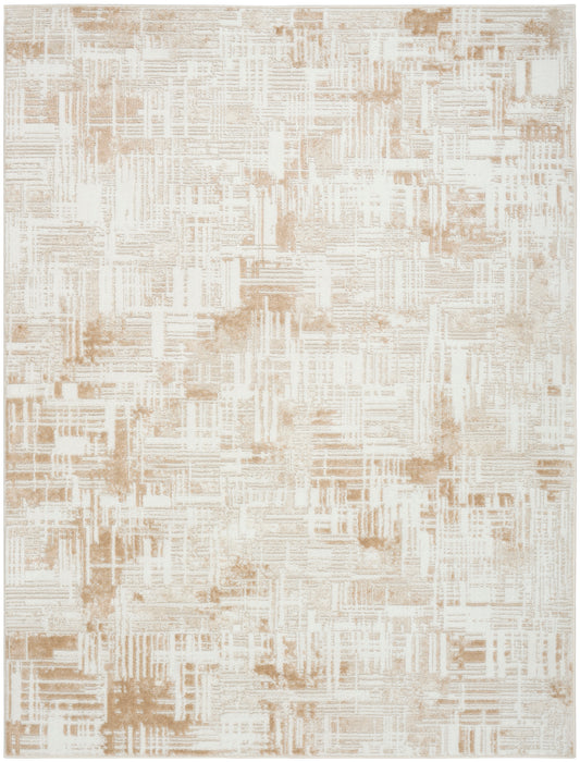 Neutral beige area rug with abstract tan brushstroke pattern; softly textured, modern contemporary style.