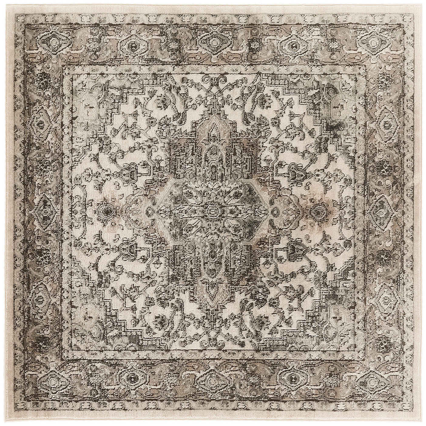 Distressed beige and gray oriental rug with a central medallion and intricate floral border, 4' square.
