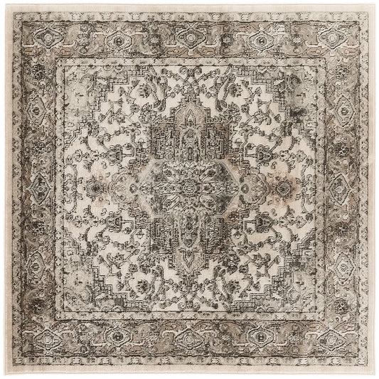 Distressed beige and gray oriental rug with a central medallion and intricate floral border, 4' square.