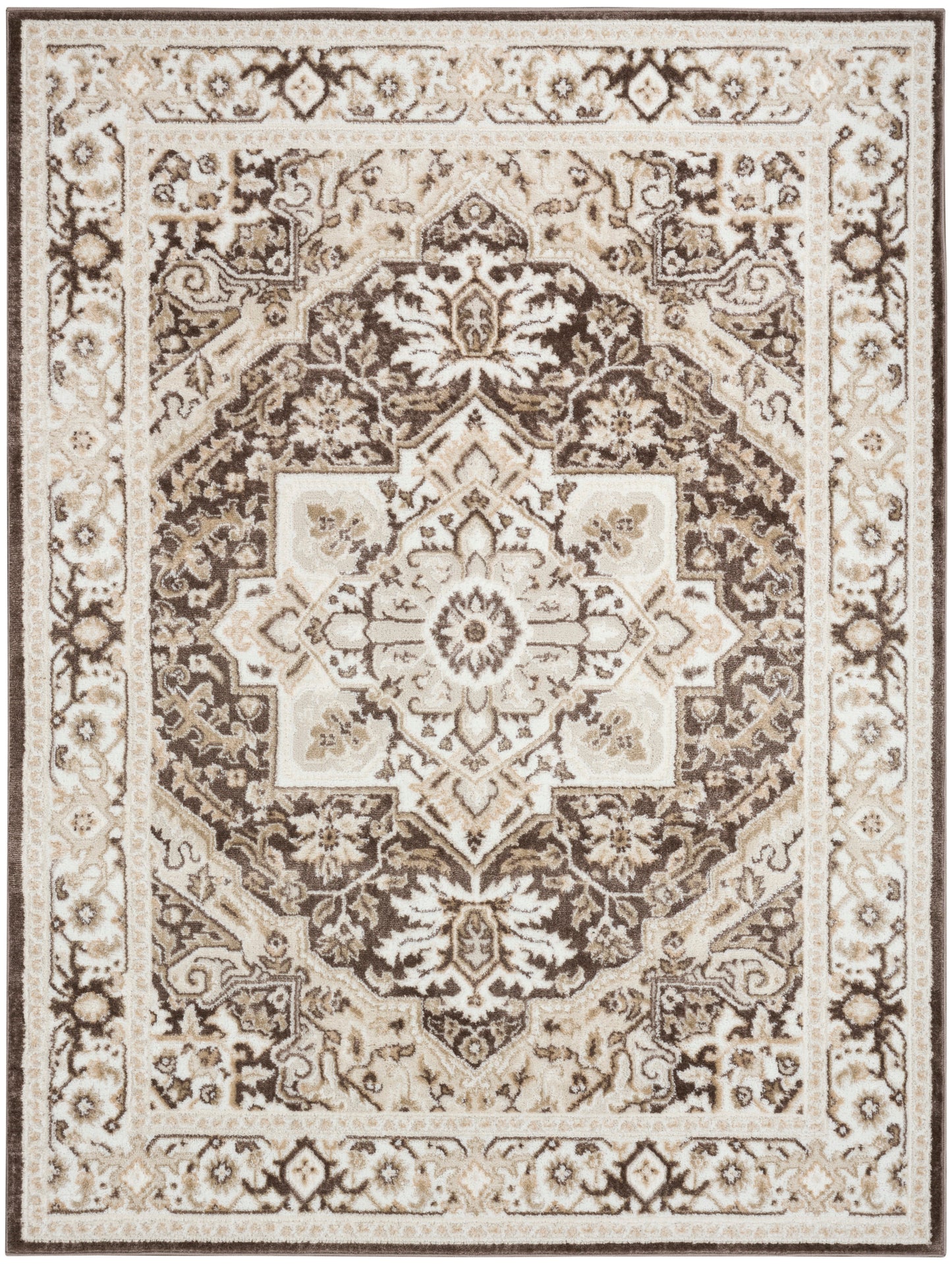 Rectangular rug in ivory, cream, and brown with a Persian-inspired central medallion and scrolling floral border.