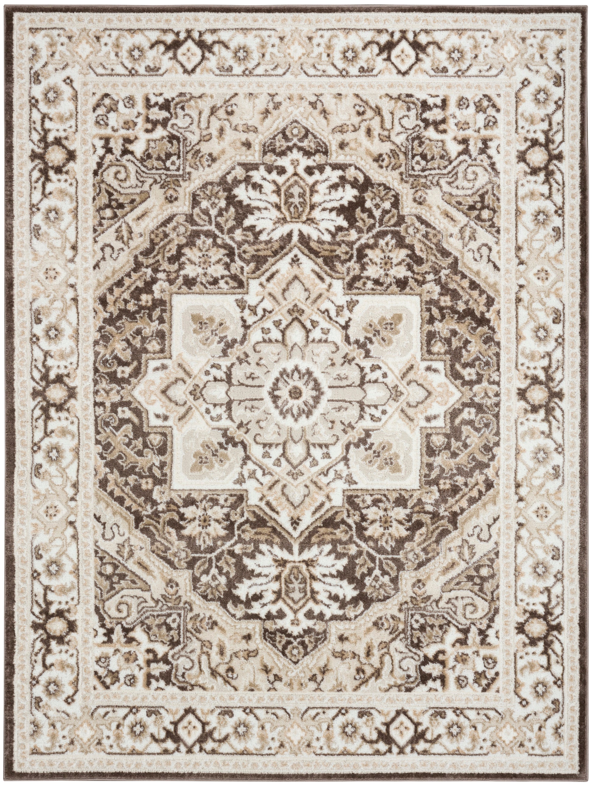 Rectangular rug in ivory, cream, and brown with a Persian-inspired central medallion and scrolling floral border.