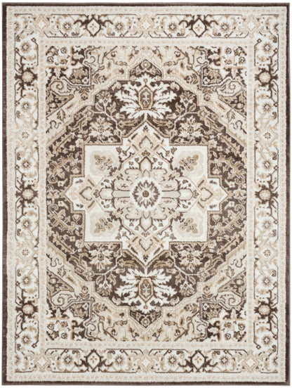 Rectangular rug in ivory, cream, and brown with a Persian-inspired central medallion and scrolling floral border.