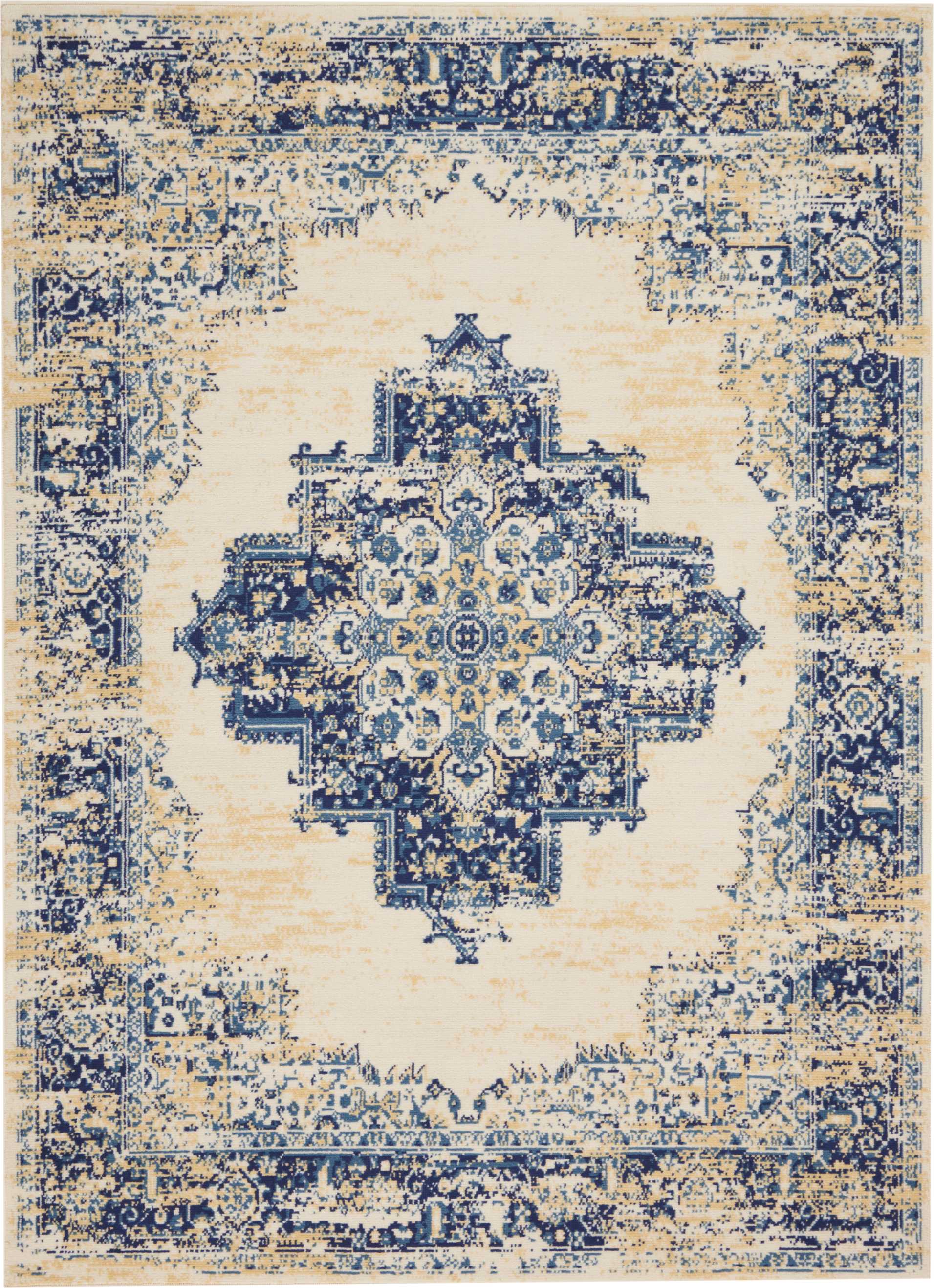 Blue and beige distressed Persian-style area rug with a central ornate medallion and intricate border.