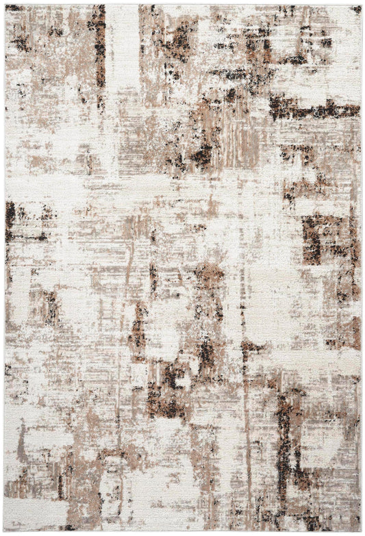 Abstract distressed beige, cream and brown area rug; rectangular 8' x 10', modern neutral d??cor.