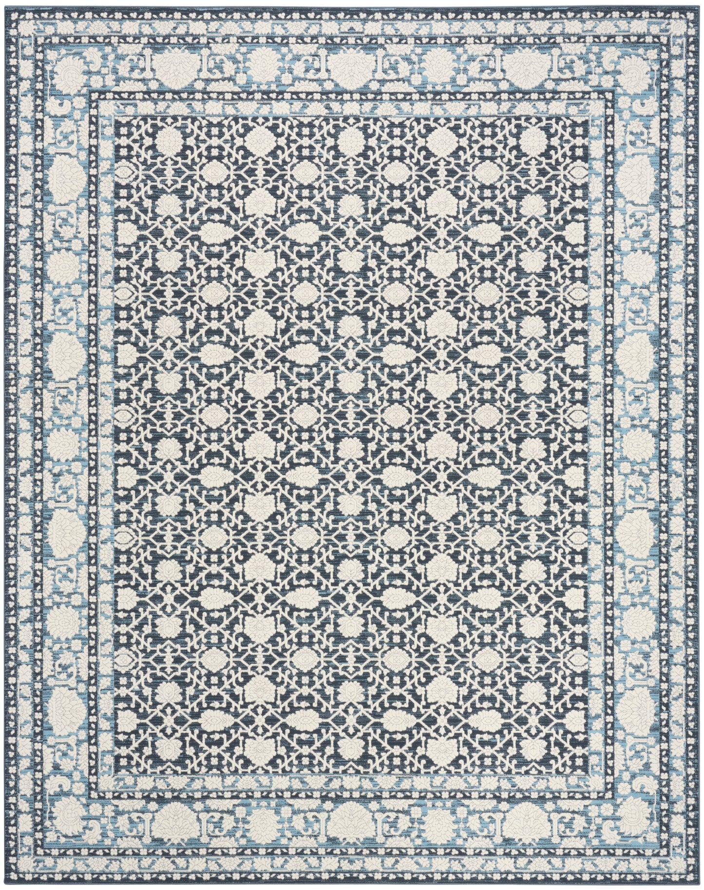 Rectangular area rug with navy field and ivory floral lattice, bordered by light blue borders in a Persian-inspired pattern.