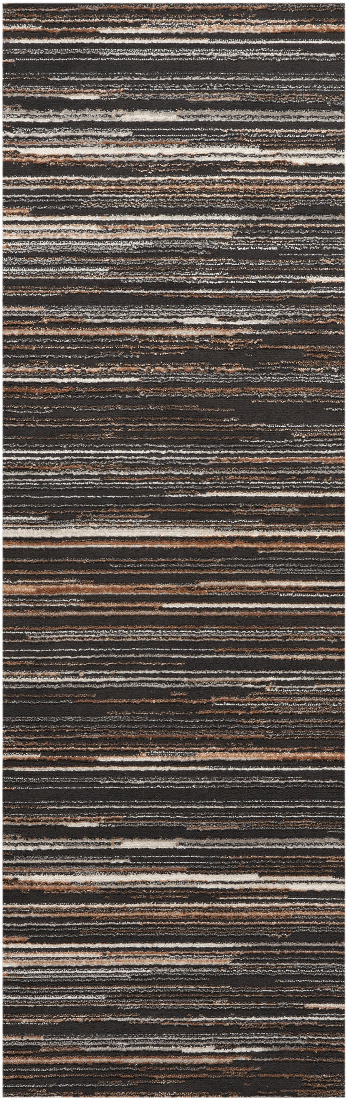 Long, narrow 7' runner rug with a horizontal stripe pattern in browns, grays, and beige; flat-weave, modern rustic style.